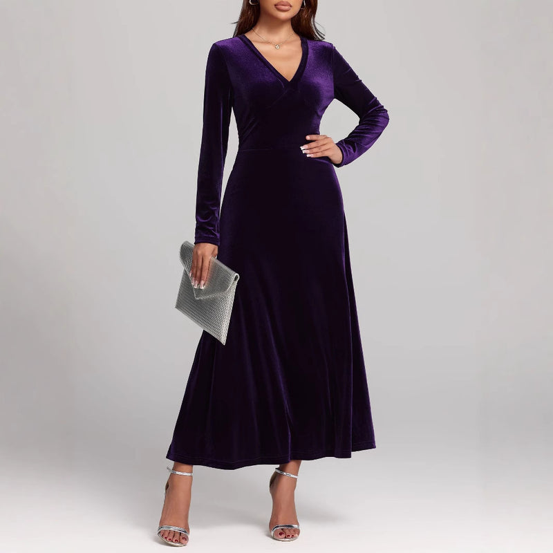 women's v-neck velvet evening dress - MRSLM