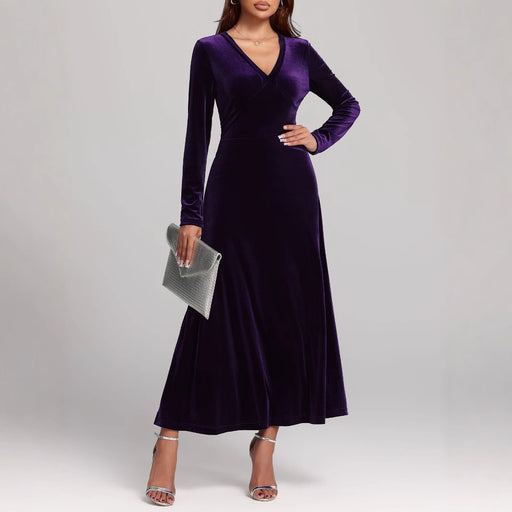 women's v-neck velvet evening dress - MRSLM