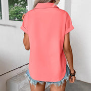 Lapel pleated pocket short sleeve top, view 3 - MRSLM