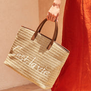 casual straw tote bag with letter decoration, view 8 - MRSLM
