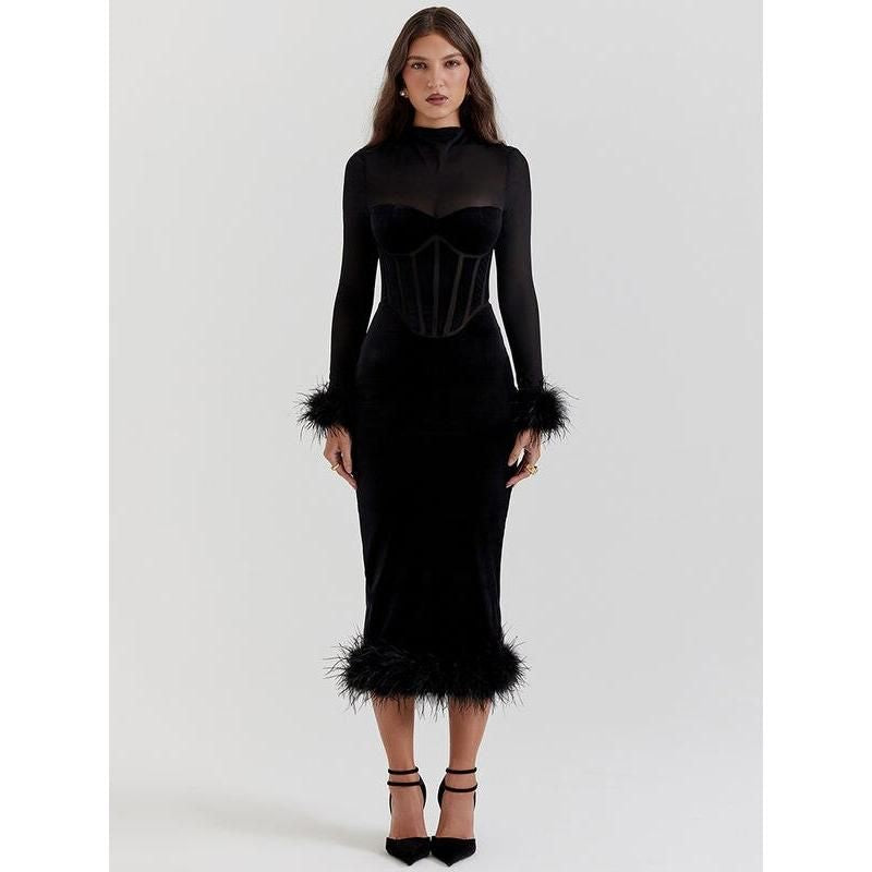 feather trim backless bodycon midi dress, view 5 - MRSLM