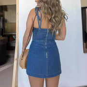 Square neck suspender split denim dress, view 3 - MRSLM