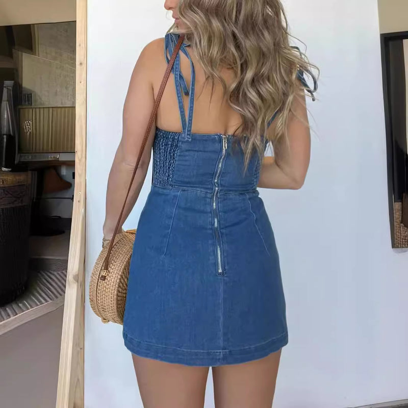 Square neck suspender split denim dress, view 3 - MRSLM