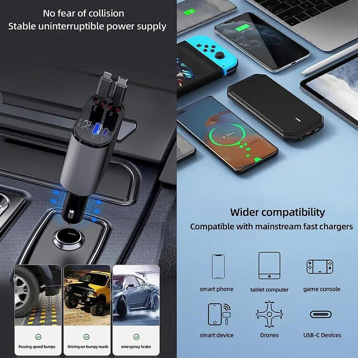 High-Speed 4-in-1 Retractable Car Charger with Dual USB, Type-C & Lightning Cables