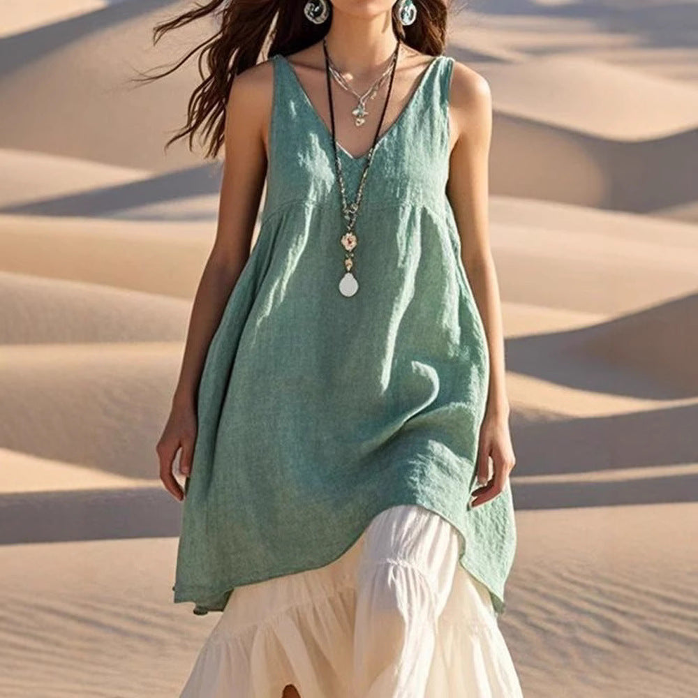 Fashion Sleeveless Cotton Linen Solid Color And V-neck Beach Dress