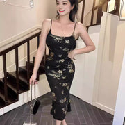 backless sling dress black gold floral - MRSLM