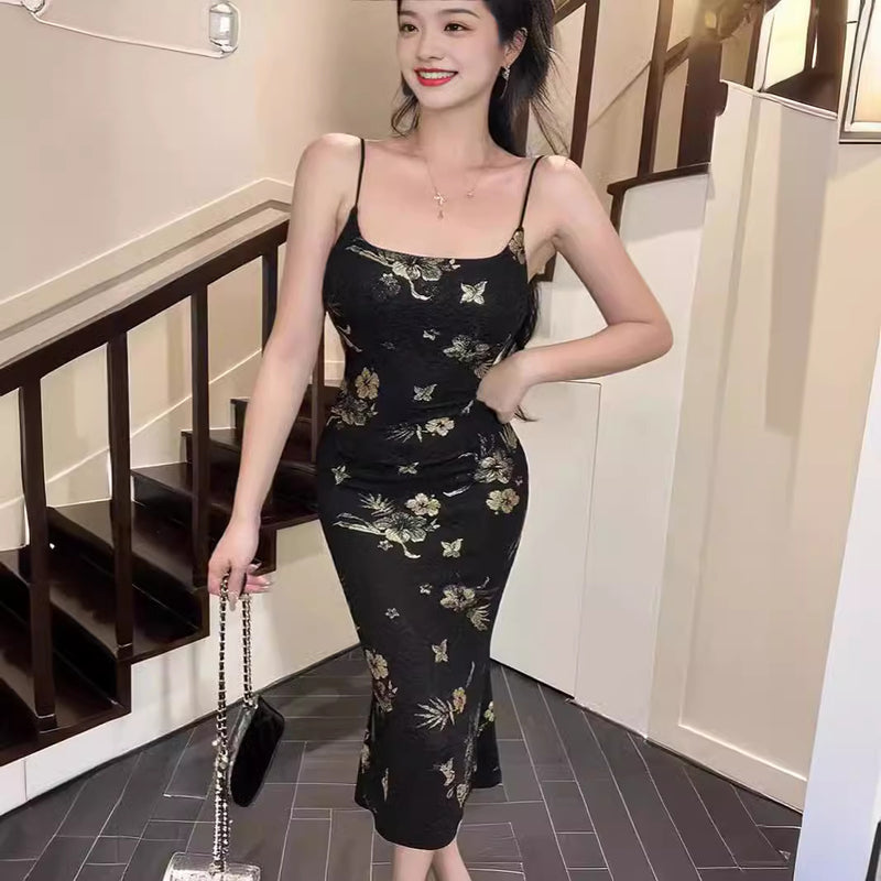 backless sling dress black gold floral - MRSLM