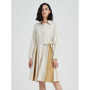 beige a-line long sleeve dress with belt, view 5 - MRSLM