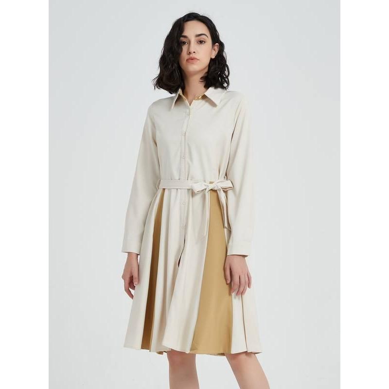 beige a-line long sleeve dress with belt, view 5 - MRSLM