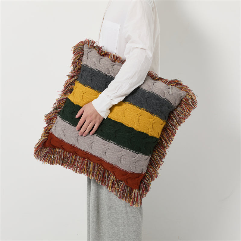 boho wool knitted fringed pillow, view 4 - MRSLM