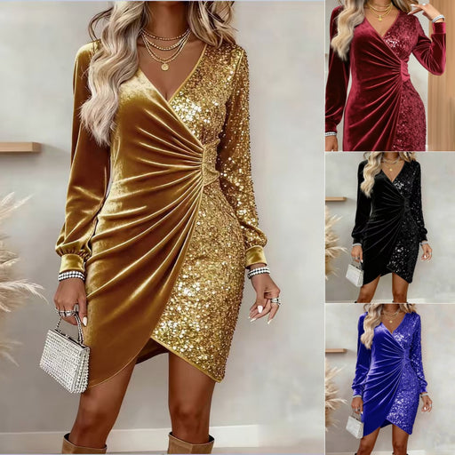 women's v-neck sequin velvet bodycon dress - MRSLM