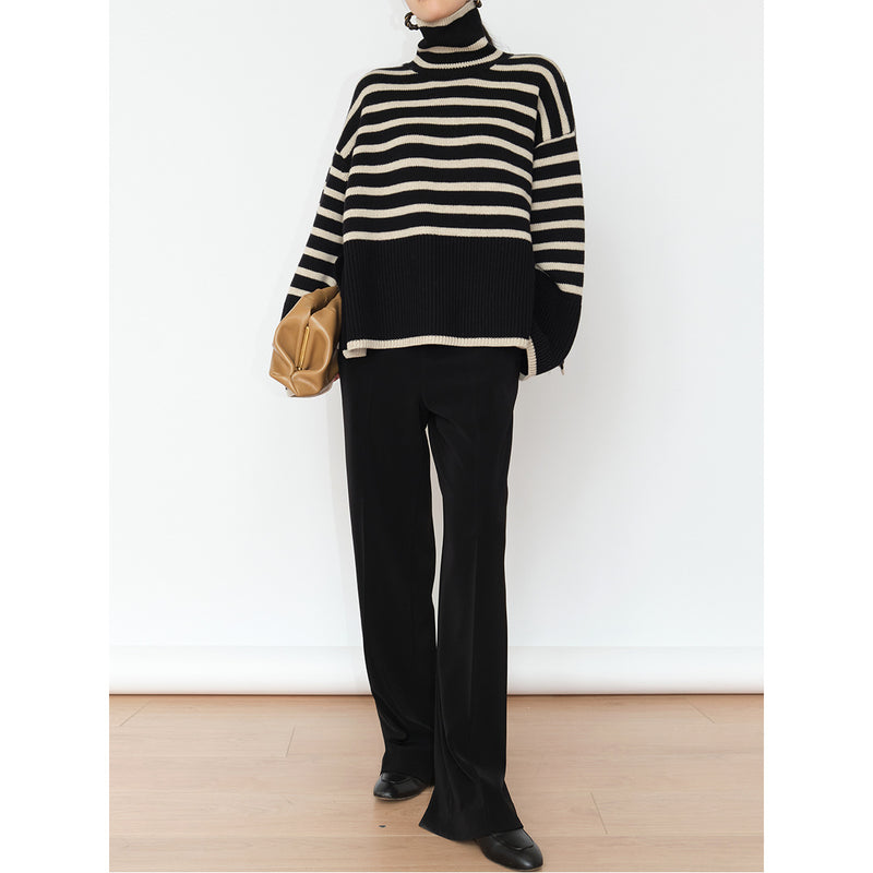 women's loose striped turtleneck sweater, view 3 - MRSLM