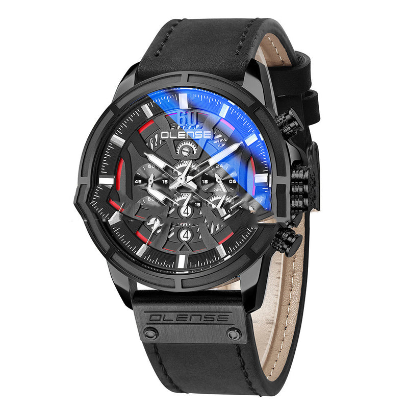 men's black leather round casual watch, view 3 - MRSLM