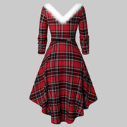 christmas plaid v-neck dress, view 3 - MRSLM