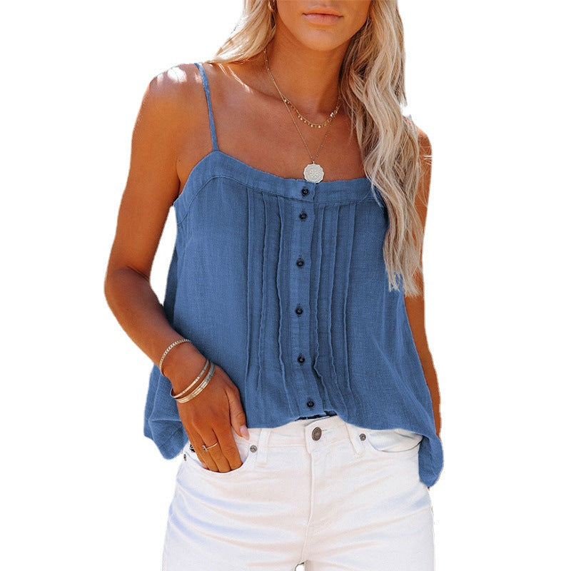 women's square collar button camisole denim vest, view 4 - MRSLM