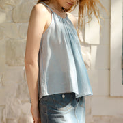 blue striped linen halter crop top, view 2 - MRSLM