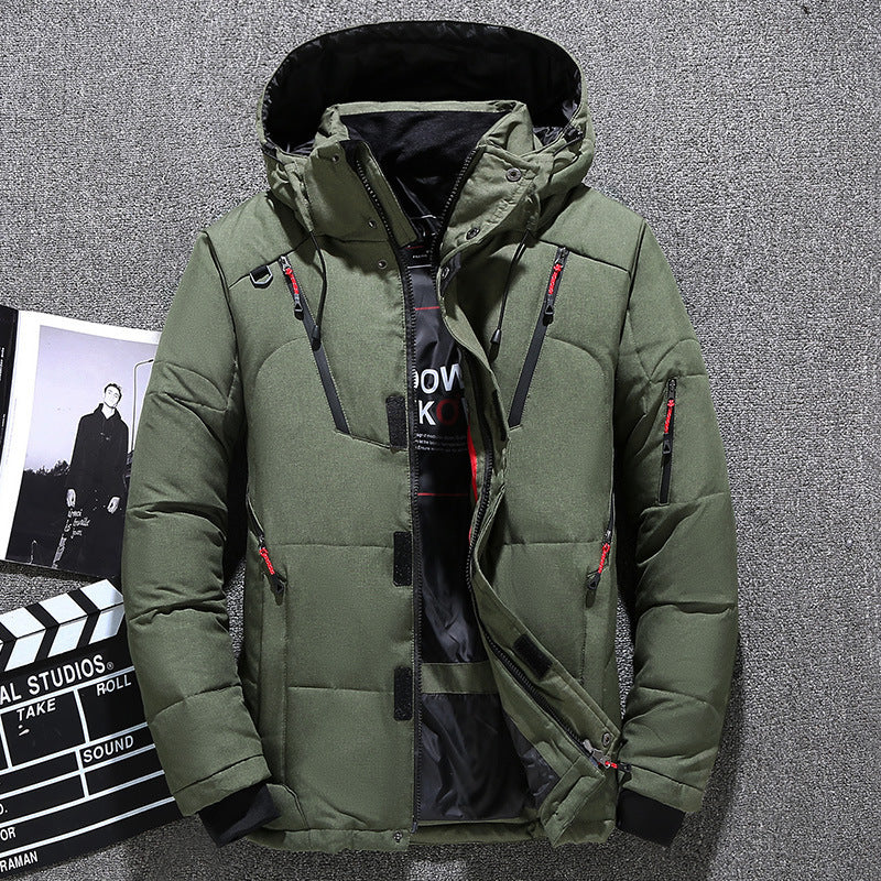 men's white duck down hooded jacket, view 3 - MRSLM