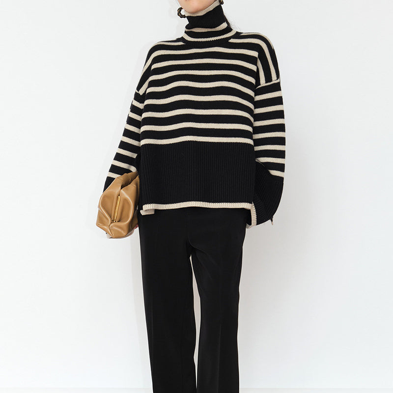 women's loose striped turtleneck sweater, view 2 - MRSLM