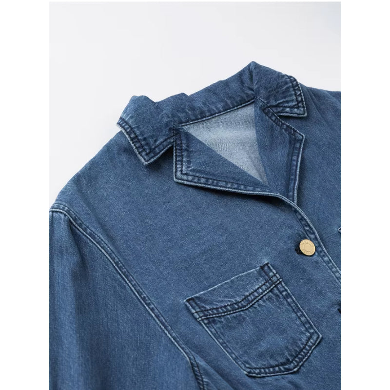 mid-length denim A-line dress with lapel collar, view 6 - MRSLM