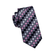 grey plaid silk tie set with cufflinks and pocket square, view 4 - MRSLM