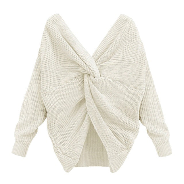 women's v-neck cross backless knit sweater, view 12 - MRSLM