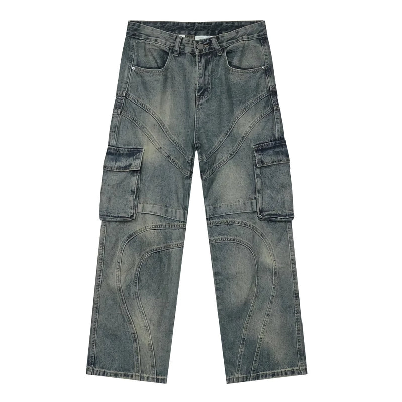 men's patchwork gradient wide leg denim pants, view 3 - MRSLM