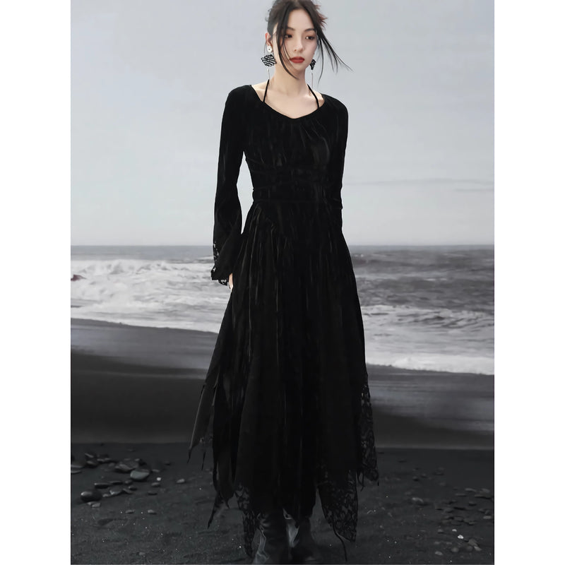 dark velvet lace splice dress, view 3 - MRSLM
