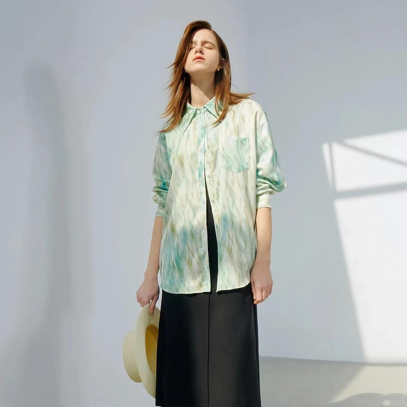 satin print long sleeve blouse, view 7 - MRSLM