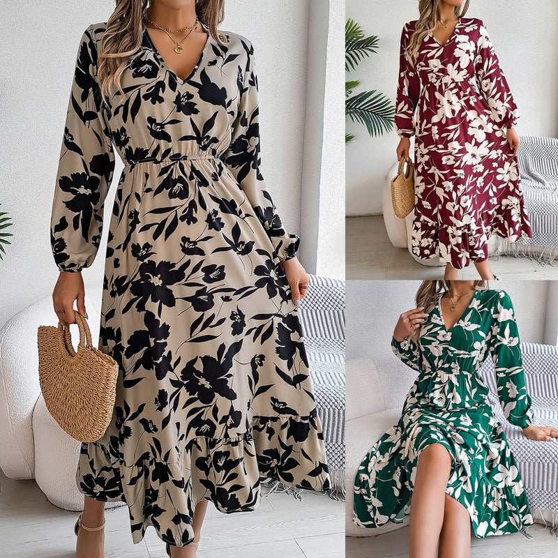 flower print ruffled long sleeve chiffon dress - MRSLM