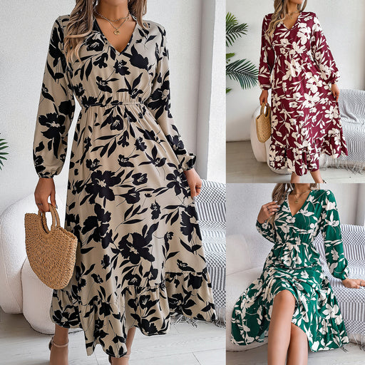 flower print ruffled long sleeve chiffon dress - MRSLM
