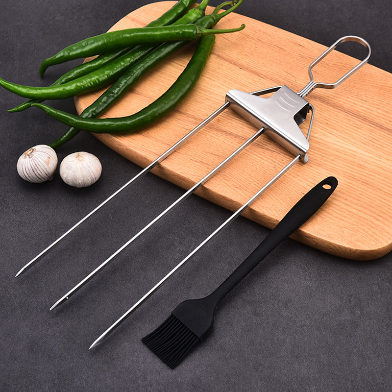 stainless steel 3-way bbq skewers with brush, view 3 - MRSLM