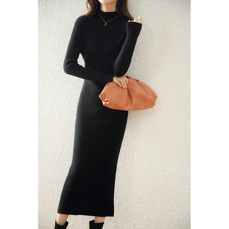 Women's slim-fit long knitted wool dress, view 4 - MRSLM