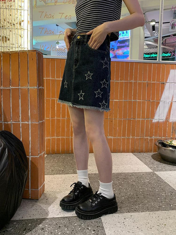 Star Embroidery American Vintage Denim Short Skirt Summer Women's High Waist Spice Girl Half Skirt Bag Hip Skirt