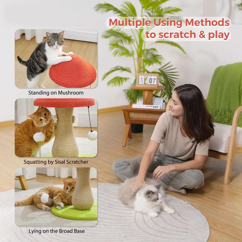 mushroom cat scratching post with sisal and pompoms, view 4 - MRSLM