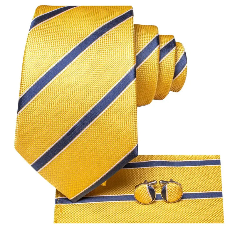 Yellow and blue striped silk necktie set, view 4 - MRSLM