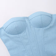 Y2K faux denim tube top with back-tied design, view 7 - MRSLM