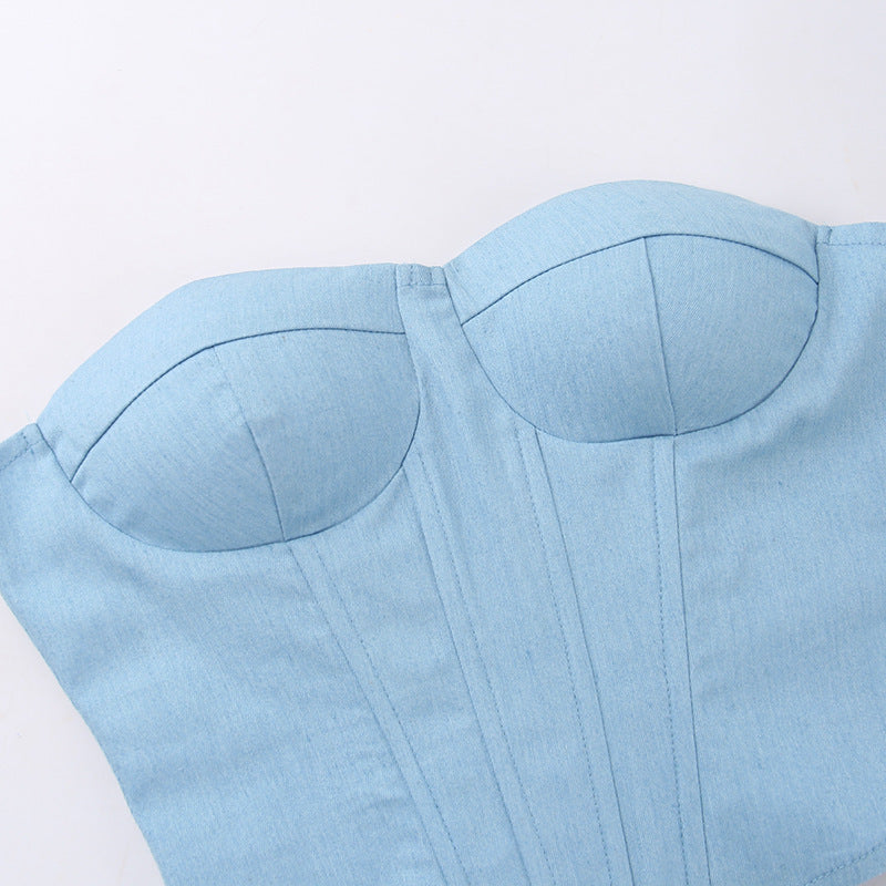 Y2K faux denim tube top with back-tied design, view 7 - MRSLM