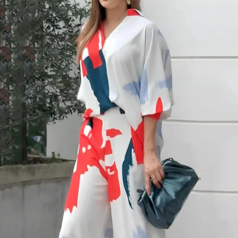 casual printed long sleeve top and loose pants set, view 5 - MRSLM