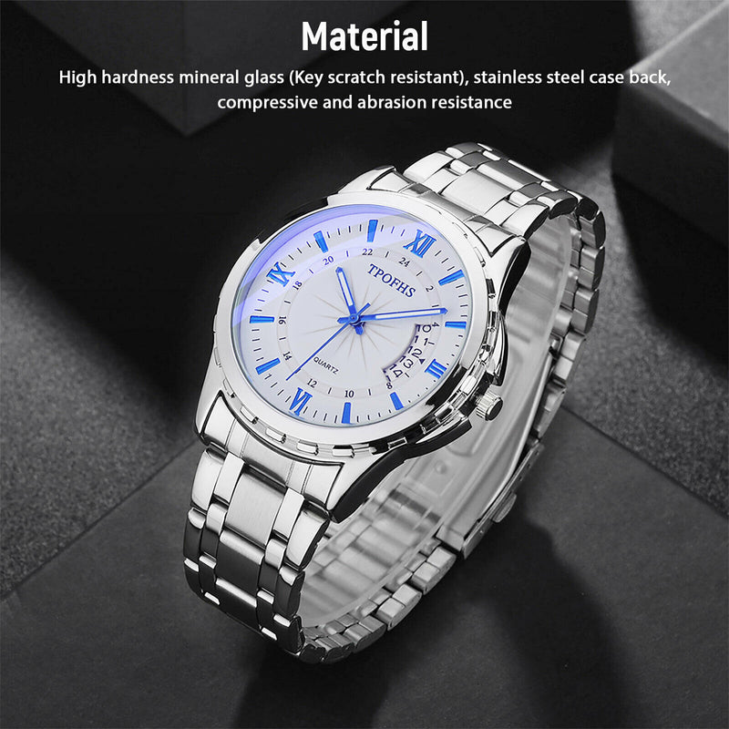 classic men's silver stainless steel quartz watch, view 2 - MRSLM
