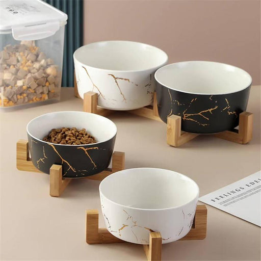 marble pet bowl with bamboo stand - MRSLM