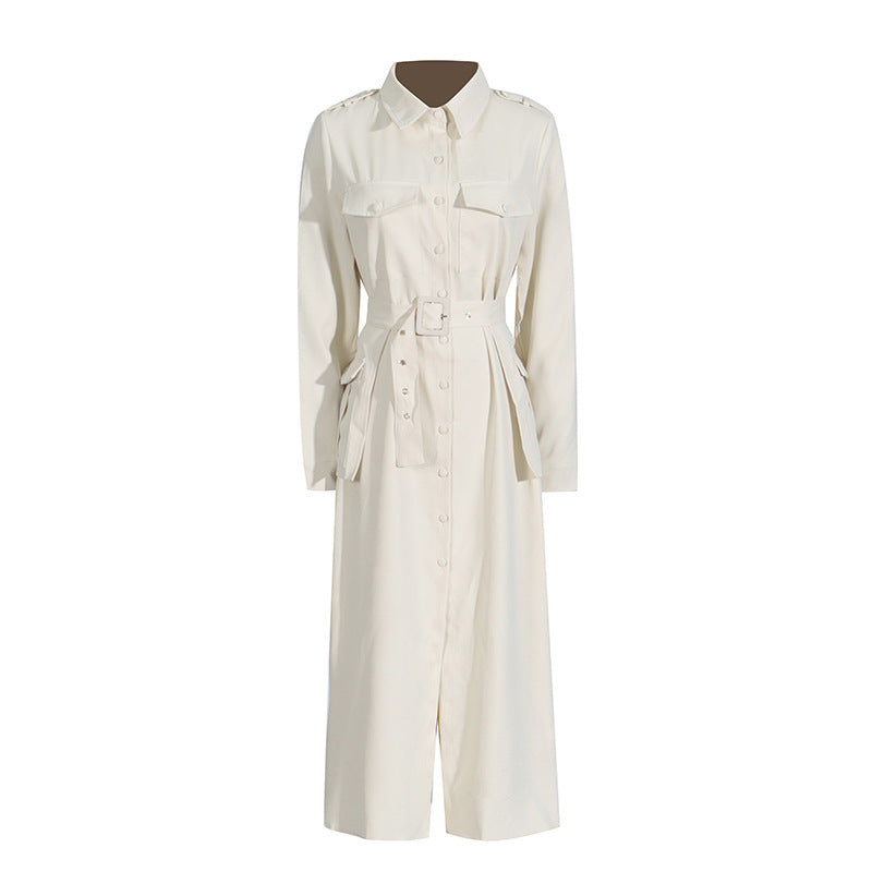 women's high-waisted long dress with waist belt, view 5 - MRSLM