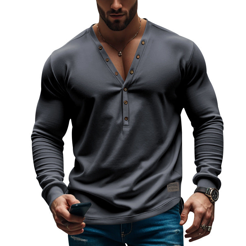 men's slim fit buttoned V-neck top, view 5 - MRSLM