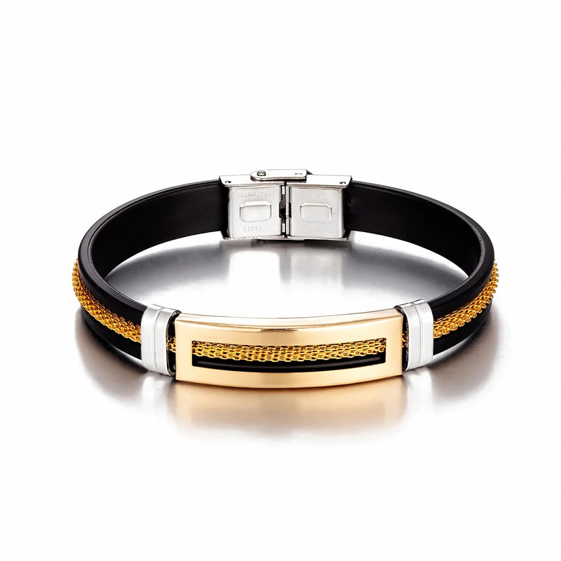 Men's steel and silicone bracelet with gold chain, view 2 - MRSLM