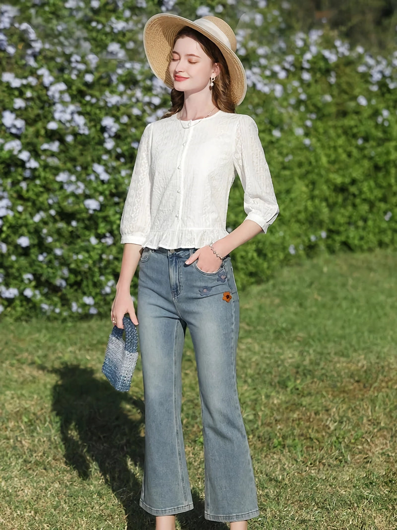 white cotton puff sleeve blouse, view 5 - MRSLM