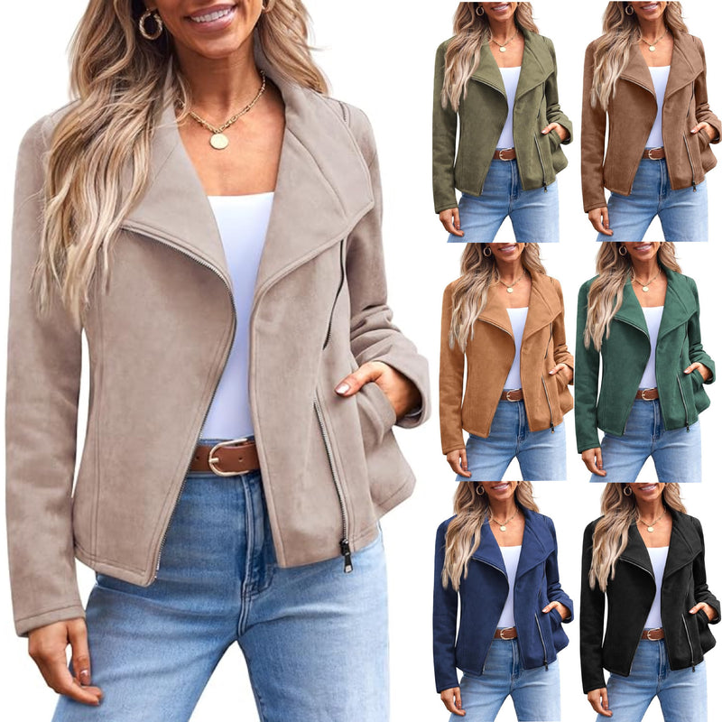 women's short suede motorcycle jacket, view 4 - MRSLM