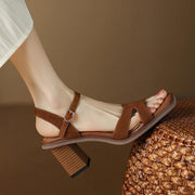 open toe leather sandals with chunky heel, view 3 - MRSLM