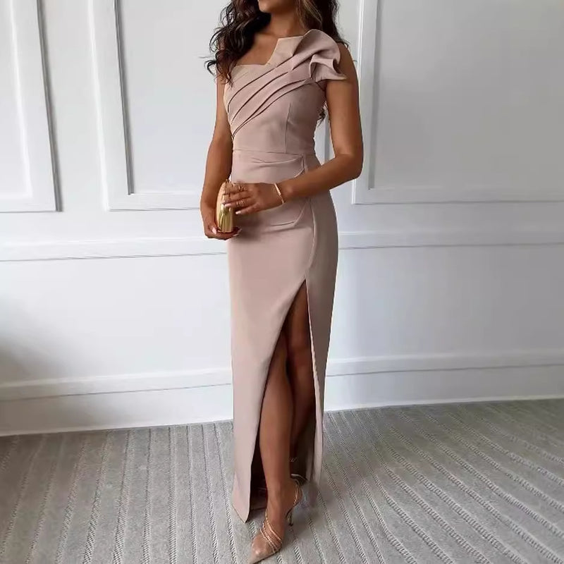 one-shoulder pleated waist slit dress, view 3 - MRSLM
