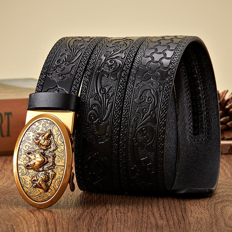 men's 3.5CM retro leather belt wolf buckle, view 6 - MRSLM