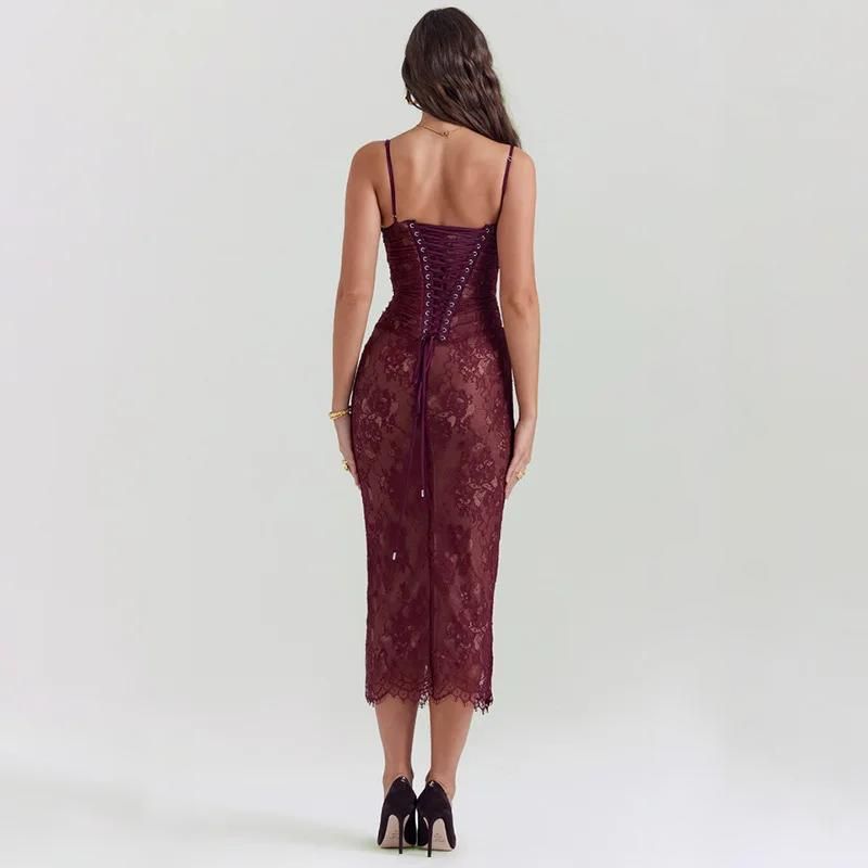 spaghetti strap lace bodycon dress, view 7 - MRSLM