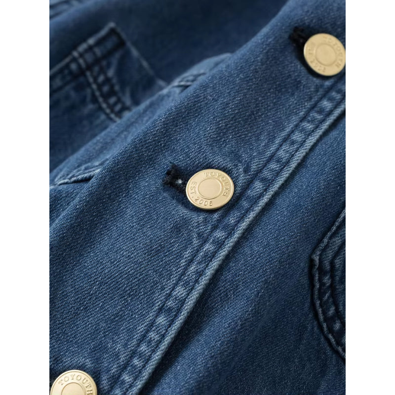 mid-length denim A-line dress with lapel collar, view 7 - MRSLM